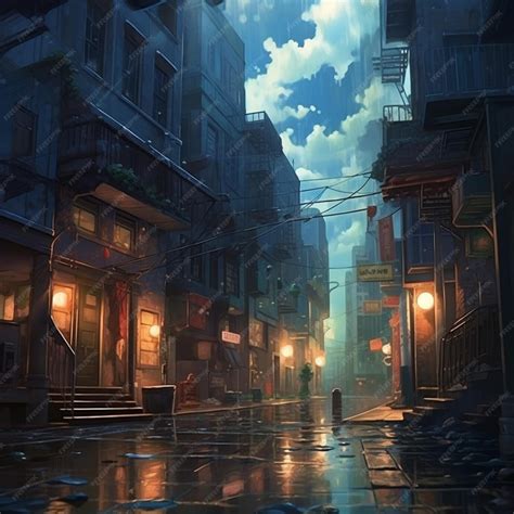 Premium AI Image | Anime city street scene with a person walking down ...