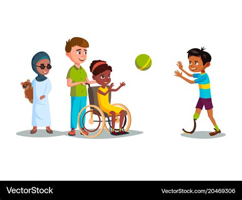 Cartoon disabled teen kids playing set Royalty Free Vector