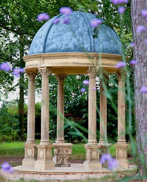 Outdoor patio round antique beige marble gazebo with blue metal dome UK ...