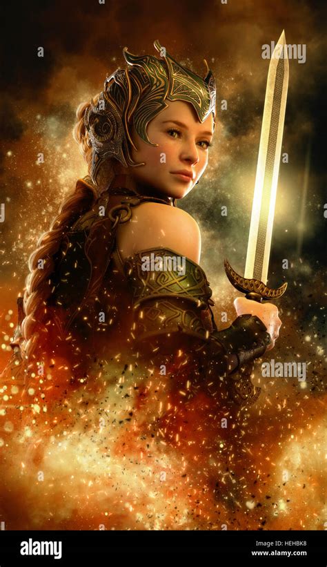 3D computer graphics of a female warrior with fantasy dress and sword ...