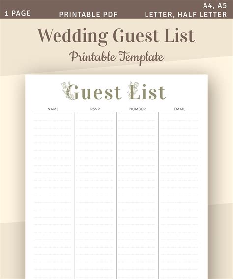 Wedding Guest List Printable Wedding Template Guest List - Etsy