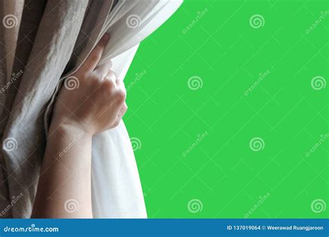 Woman's Hand Opening Curtains In The Bedroom With Green Screen ...