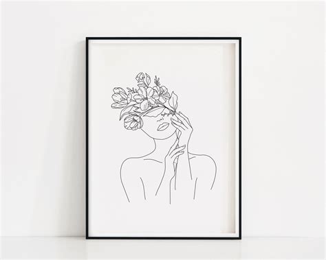 Woman With Flowers Art Print Line Art Woman Flower Head | Etsy UK