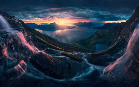 Download wallpapers Norway, sunset, mountains, waterfalls, fjord ...