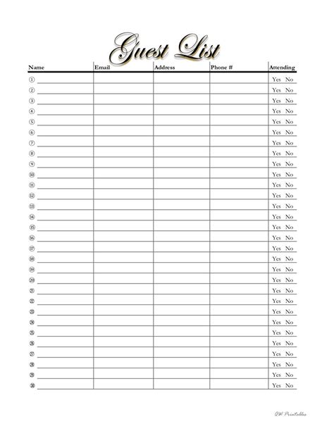 21+ Wedding Guest List Template Printable