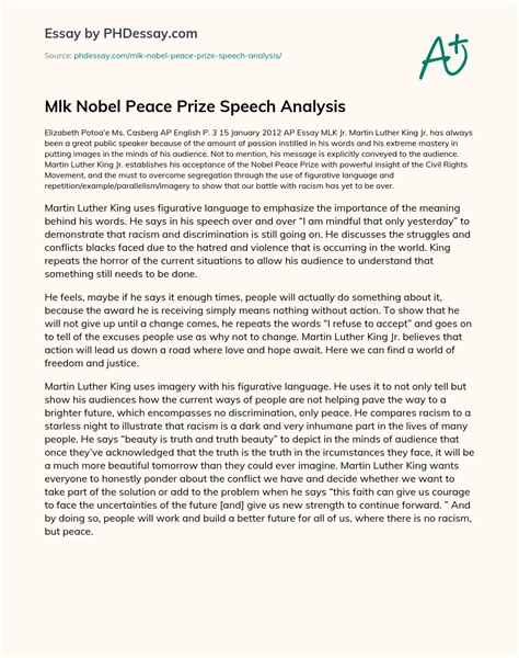 Mlk Nobel Peace Prize Speech Analysis Example (400 Words) - PHDessay.com