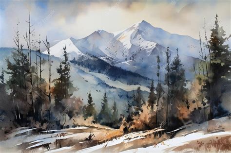 Premium Photo | A watercolor painting of a snowy mountain landscape.