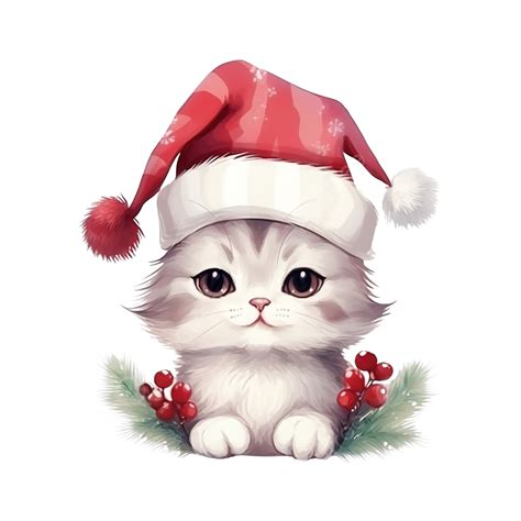 Merry Christmas Cute Cat Drawing With Red Berry Hat For Winter Season ...