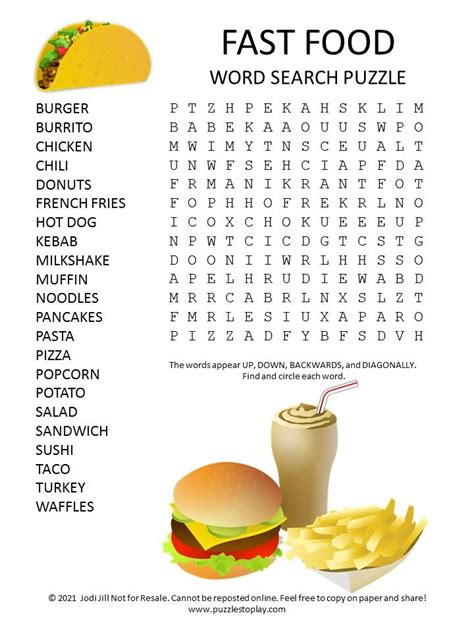 Fast Food Word Search Puzzle