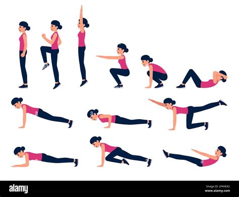 Cartoon woman bodyweight exercise illustration set. Fitness workout for ...