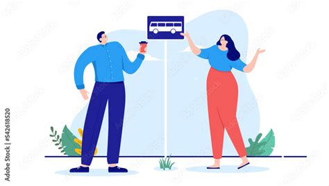 Waiting for the bus - Vector illustration of two people, man and woman ...