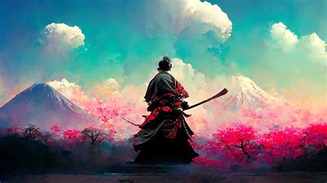 Samurai Japan Blossoms Mountains Nature Japanese Art IA Art Wallpaper ...