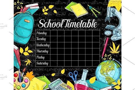 School Vector Timetable on Black Chalkboard