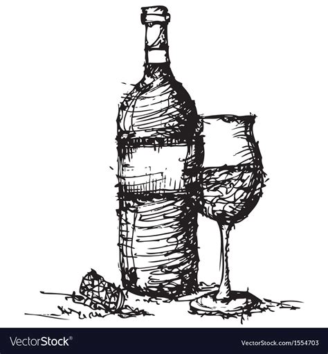 Sketch drawing wine bottle and glass Royalty Free Vector