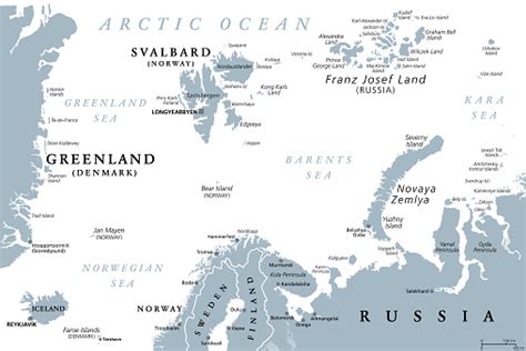 Arctic Ocean Region North Of Mainland Europe Gray Political Map Stock ...