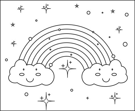 Color rainbow line art drawing page with cute clouds, with cute white ...