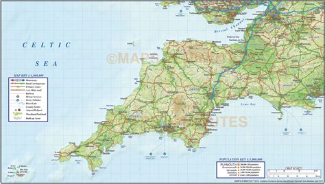 South West England County Road & Rail Map with Regular relief @1m scale ...