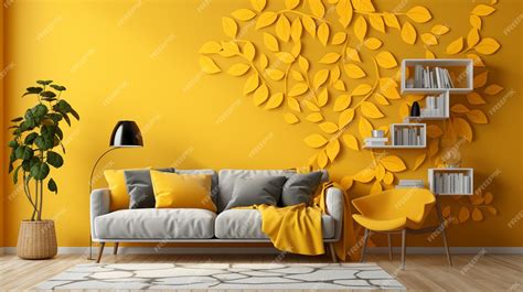 Premium Photo | Yellow living room with a grey couch and a yellow wall ...