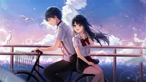 Beautiful Anime Couple With Uniform Pigeon Birds White Clouds Blue Sky ...