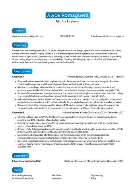 Marine Engineer Resume (CV) Example and Writing Guide