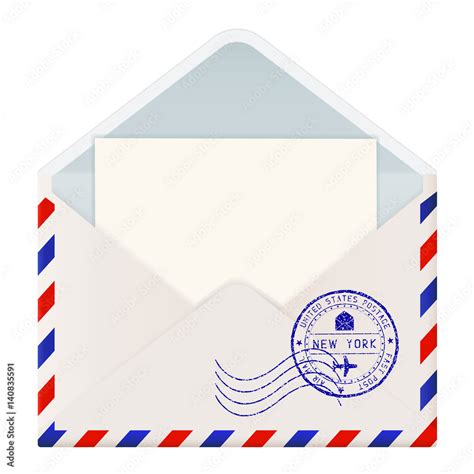 Open international mail envelope with New York stamp and letter inside ...