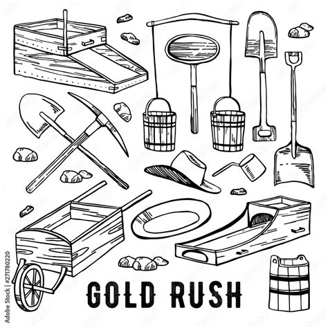 California gold rush vector hand drawn vintage outline graphic set ...