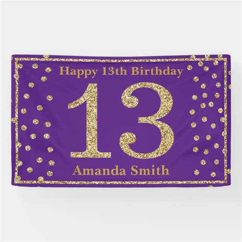 Happy 13th Birthday Banner Purple and Gold Glitter | Zazzle