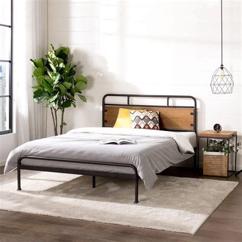 Barkev industrial Metal Bed Frame with Wood Detail Headboard