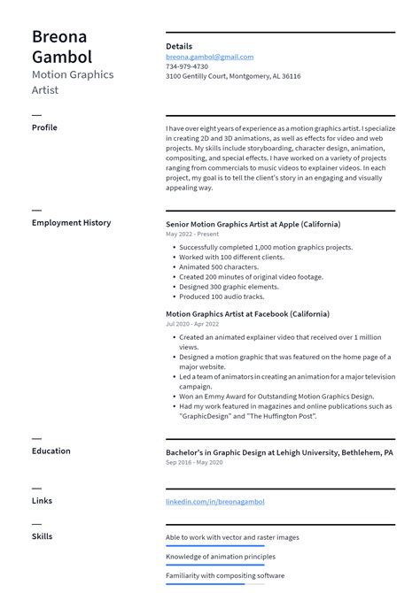 Motion Graphics Artist Resume Example and Writing Guide