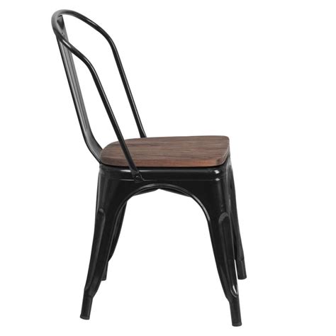 Bistro Style Black Metal Chair with Walnut Wood Seat