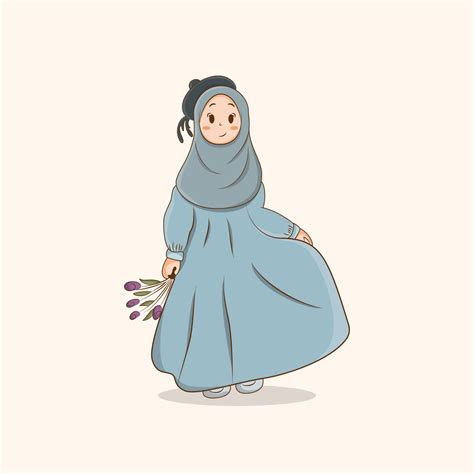 Cute Girl Hijab Holding Flower Vector Illustration, Muslim Girl with ...