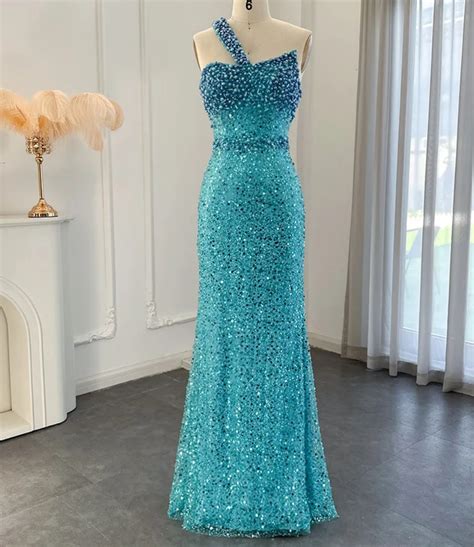 One Shoulder Turquoise Blue Sequin Embellished Evening Party Dress ...