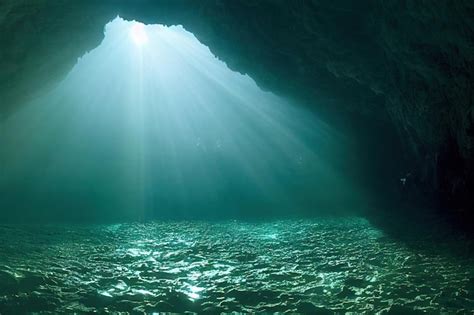 Premium Photo | Large dark underwater cave in ocean in sunlight