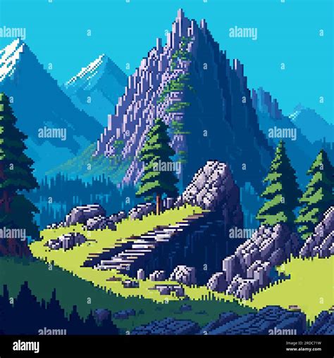 Landscape 8bit pixel art. Summer natural landscape mountain scenery ...