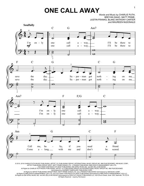 One Call Away Sheet Music | Charlie Puth | Easy Piano | Pop piano sheet ...