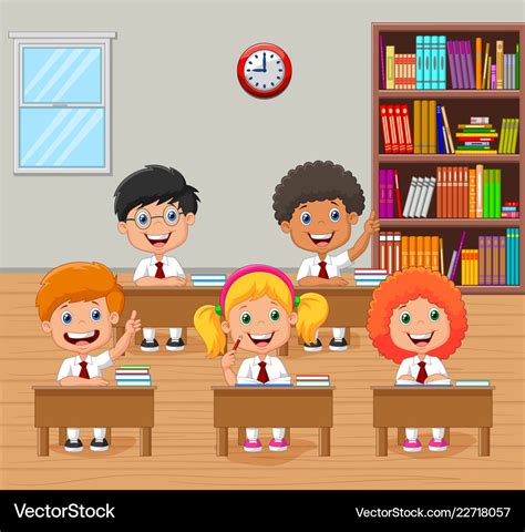 Cartoon school kids raising hand in classroom Vector Image