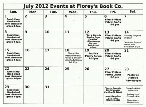 Florey's Book Co.: July 2012 Calendar of Events at Florey's!