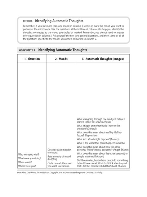 Mind Over Mood - Worksheet 7.3 - Identifying Automatic Thoughts | PDF