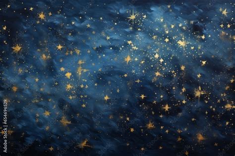 Dark blue pattern with gold foil constellations, stars and clouds ...