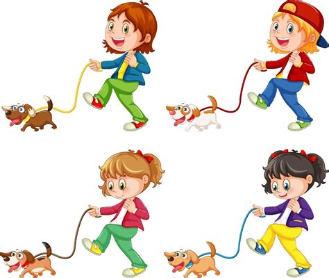 Set Of Different Kids Walking Dogs 8190893 Vector Art At Vecteezy