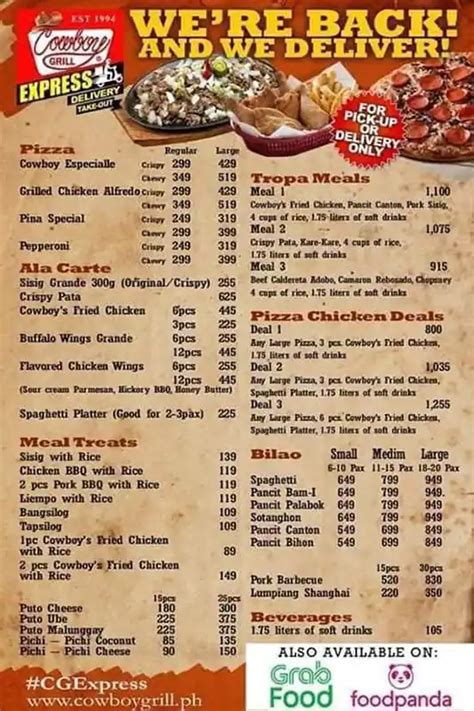 Menu at Cowboy Grill pub & bar, Manila, Benitez St