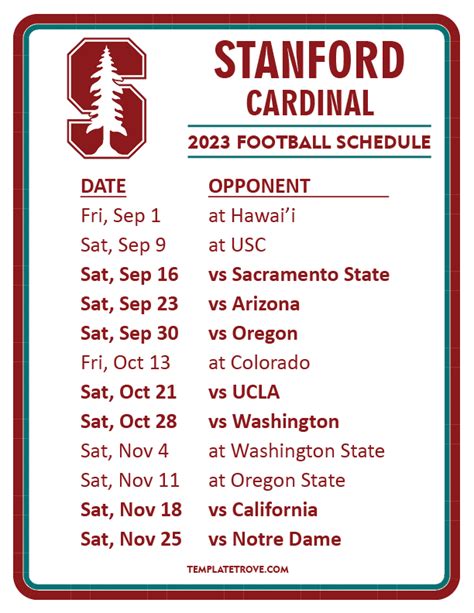 Printable 2023 Stanford Cardinal Football Schedule