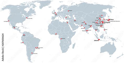 Fototapeta Megacities of the world, political map. Largest cities with ...