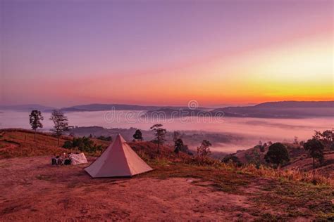 Tent Camping on the Mountain Sunrise Landscape Editorial Photo - Image ...