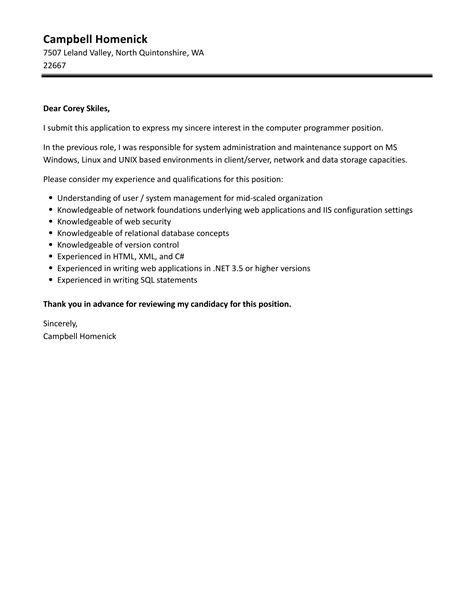 Computer Programmer Cover Letter | Velvet Jobs