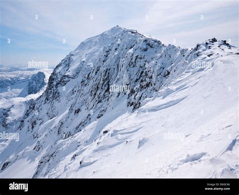 Snowdon in winter conditions - view to the summit, Yr Wyddfa, from the ...