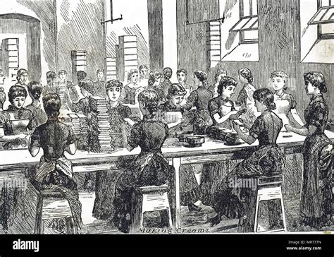 Engraving depicting the making of chocolate creams at Fry's cocoa and ...