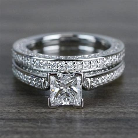 Shimmering Pave 1 Carat Princess Cut Diamond Ring & Matching Band