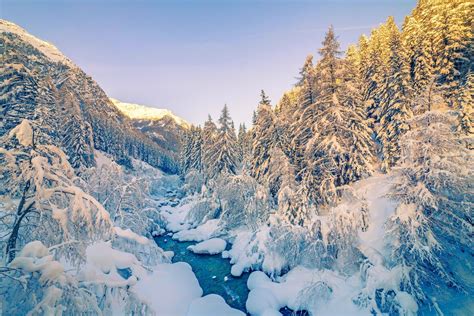 Alps, Sunrise, Winter, Mountain, Forest, Snow, River, White, Landscape ...