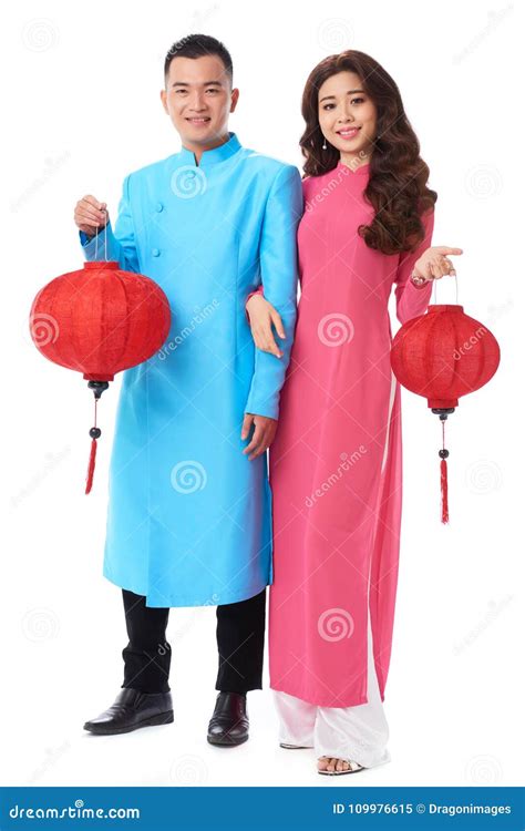 Couple with Tet Decorations Stock Image - Image of dress, holiday ...